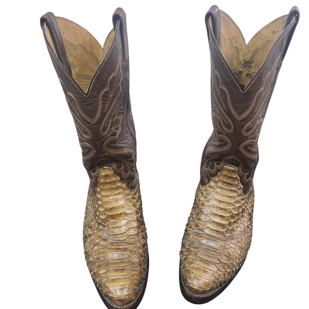 Tony Lama Vintage Python Snakeskin Western Boots Mens 7 EE Brown Leather 8708